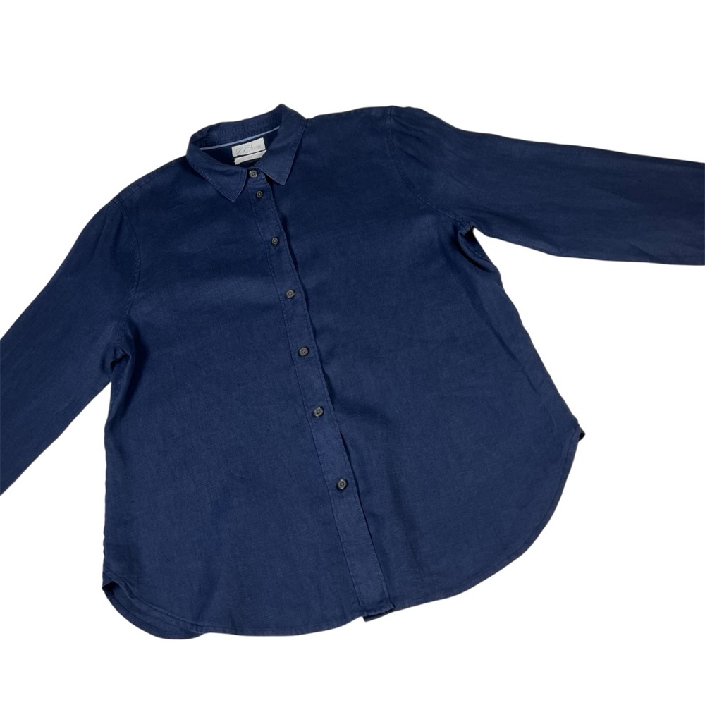 J. Crew Baird McNutt Irish Linen Navy Blue Button Down Blouse Size 14 Slim EUC - Picture 3 of 9